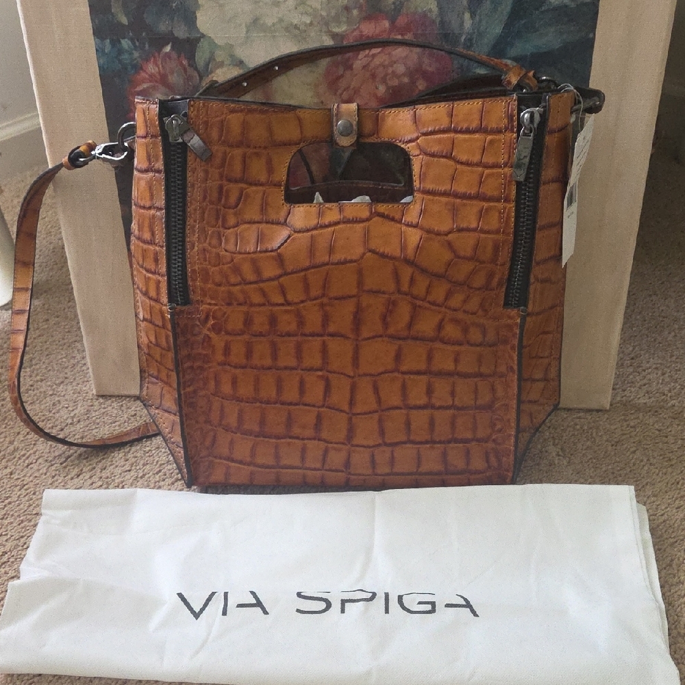 Via Spiga Tan Croc-Embossed Tote